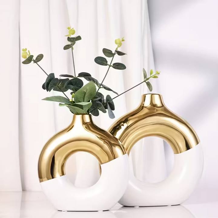 Set of 2 Boho Style Ceramic Vases – Round Flower Vases for Table, Kitchen & Home Décor