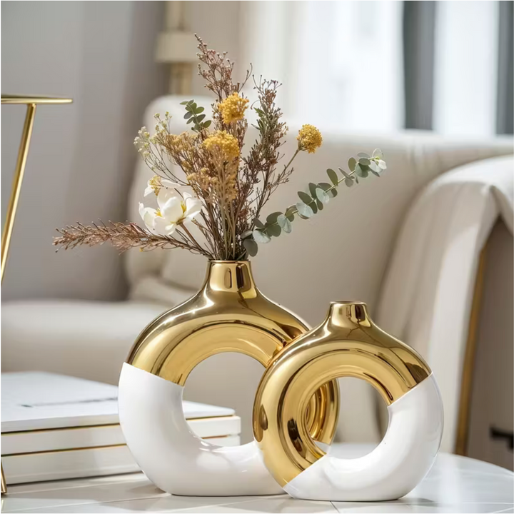 Set of 2 Boho Style Ceramic Vases – Round Flower Vases for Table, Kitchen & Home Décor