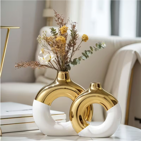 Set of 2 Boho Style Ceramic Vases – Round Flower Vases for Table, Kitchen & Home Décor